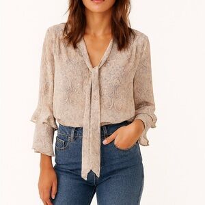 White House Black Market Beige Paisley Tie-Neck Blouse